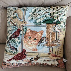 Decorative Riverdale Tapestry Pillow Cat & Birds Winter Scene 16x16 Inch